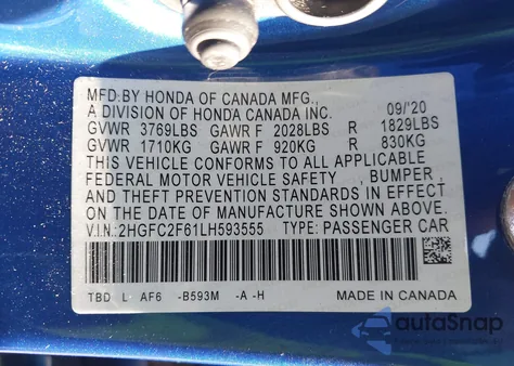 2020 Honda Civic Lx from USA, damaged, VIN 2HGFC2F61LH593555